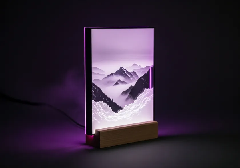 Flat framed lithophane glowing with a mountain landscape